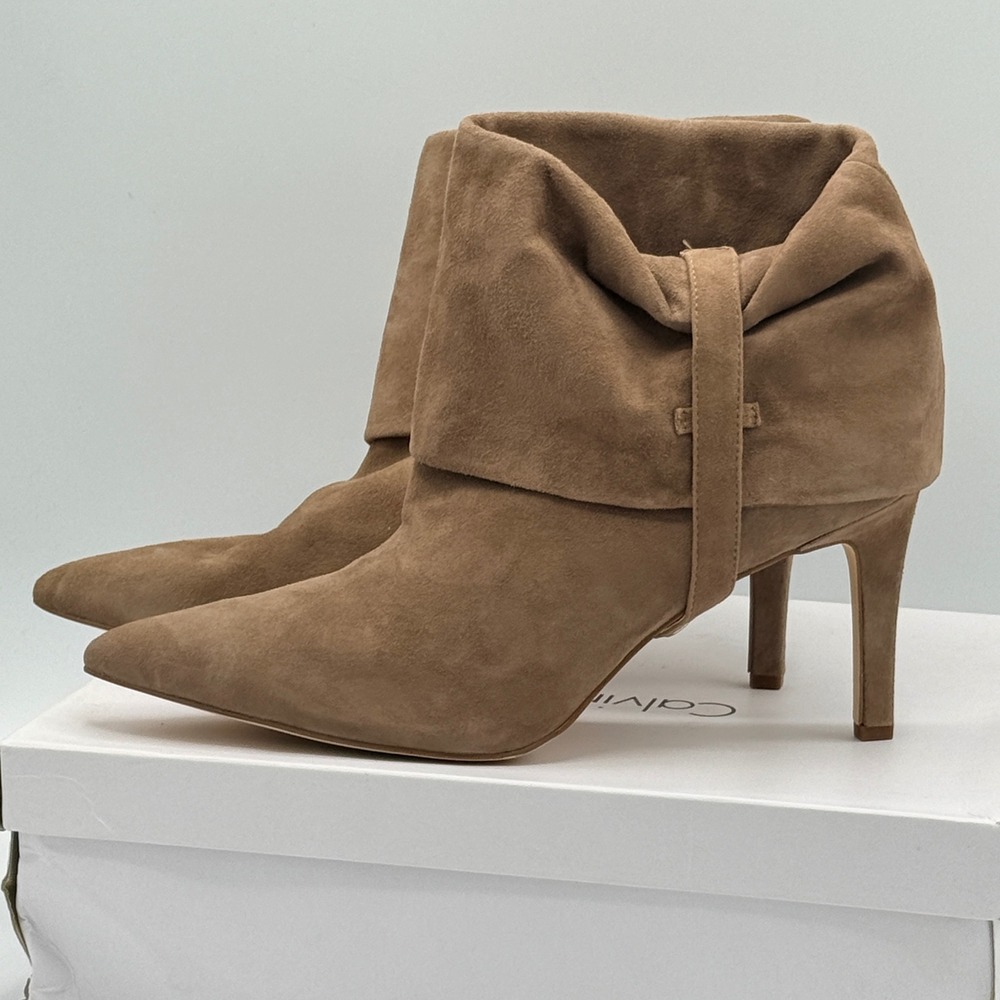 Calvin Klein Suede Pointed Toe Tan Beige Heeled Ankle Boots Size 11